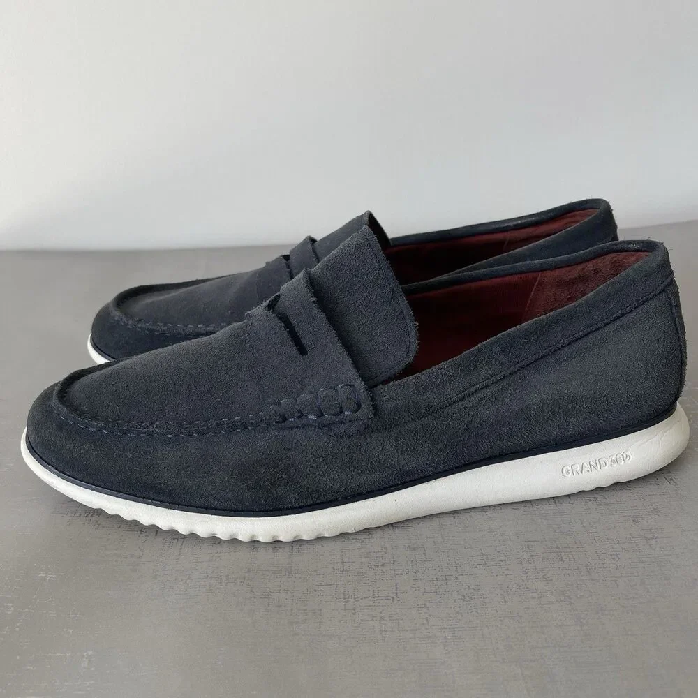 Cole Haan ZeroGrand Penny Loafers Navy Nubuck  Leather Size 11.5 M Preppy Casual
